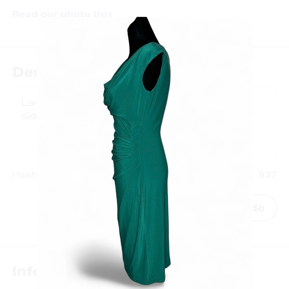 RALPH LAUREN Emerald Green Midi Ruched And Sleeveless Dress 2 . - Picture 3 of 8
